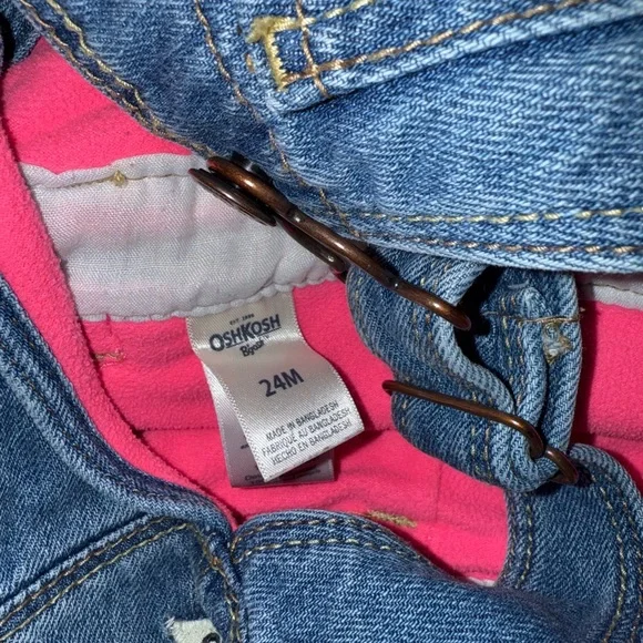 OshKosh B'gosh Girls' Blue Denim Overalls with Pink Bow Accent - Picture 4 of 5